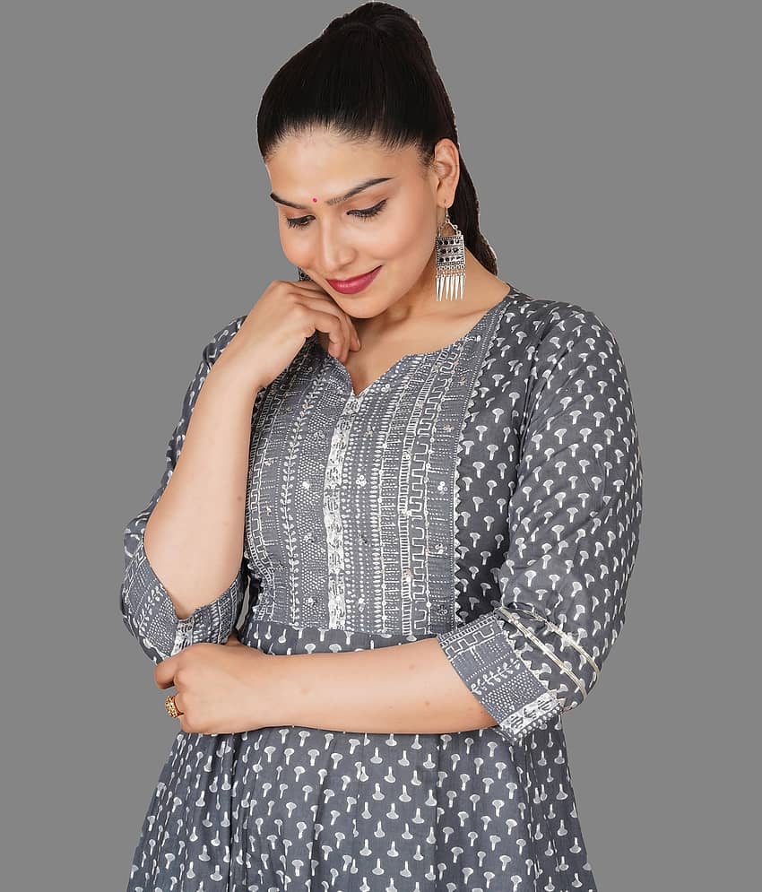 Mishree Collection - Grey Cotton Women's Anarkali Kurti ( Pack of 1 ) view 2