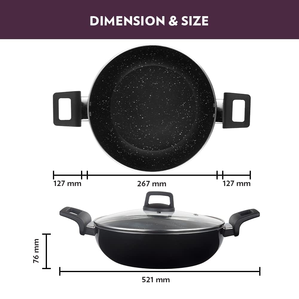 Borosil Granito Non-Stick Kadhai with Glass Lid, Induction Friendly, Granite Finish, PFOA-Free, 26 cm Diameter view 2