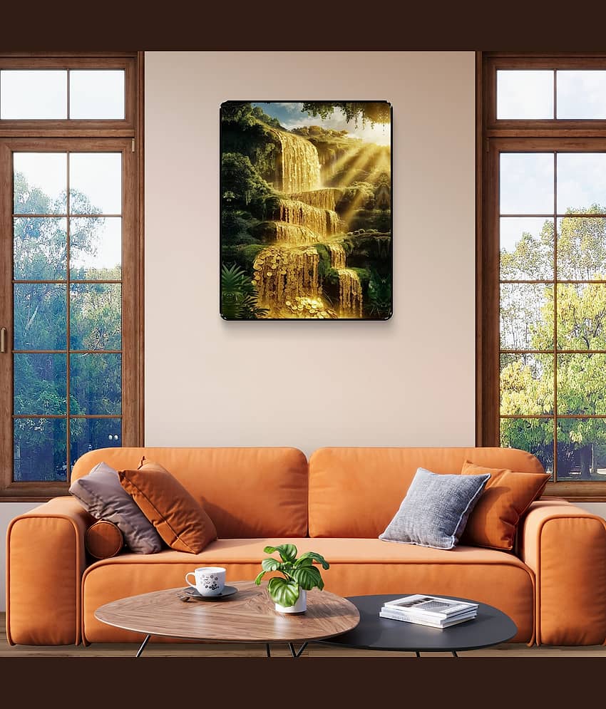 Livin'luxe Golden Coin Waterfall Black Framed Sparkle Laminated Painting for Wealth Home Office Wall Decor view 2