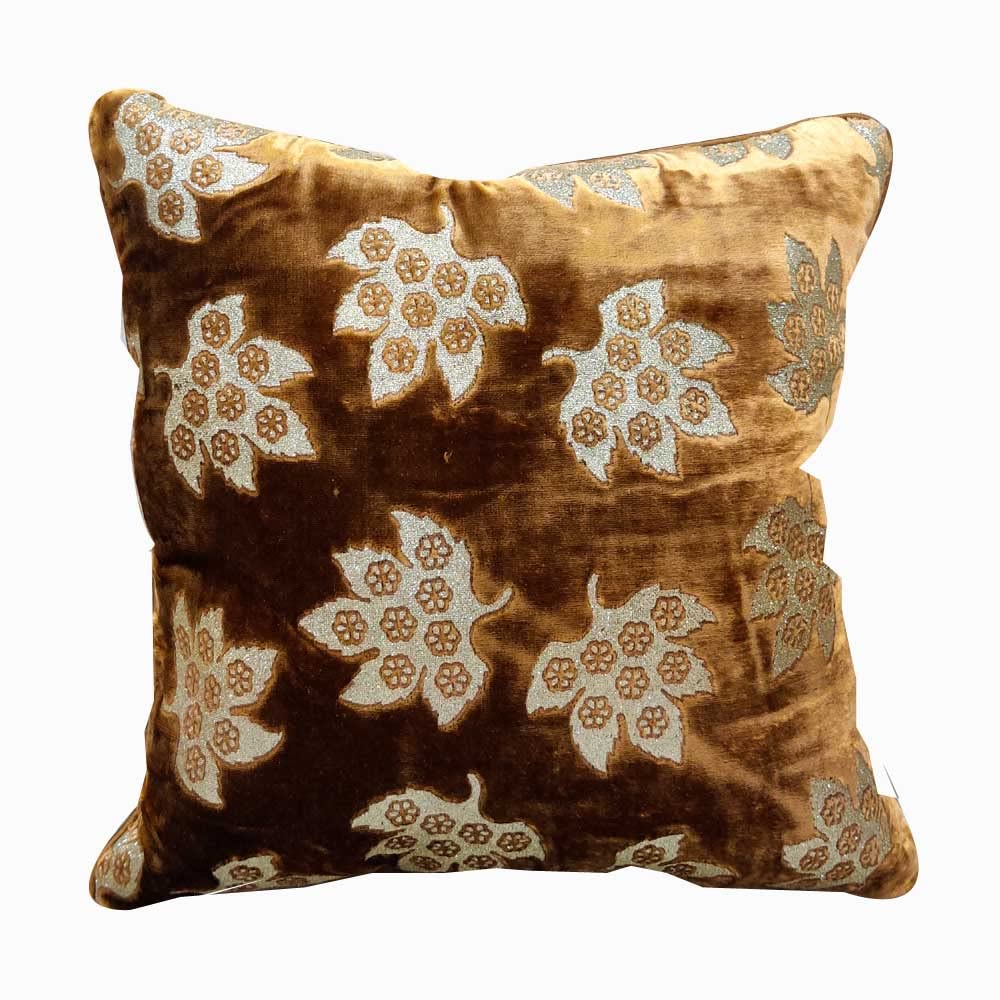 GOODVIBES Brown Golden Cushion Cover with Leaf Zari Embroidered Stitched Zippered Velvet Combo Cushion Cover | 16X16 Inches | 40cm * 40 cm I Set of 2| view 2