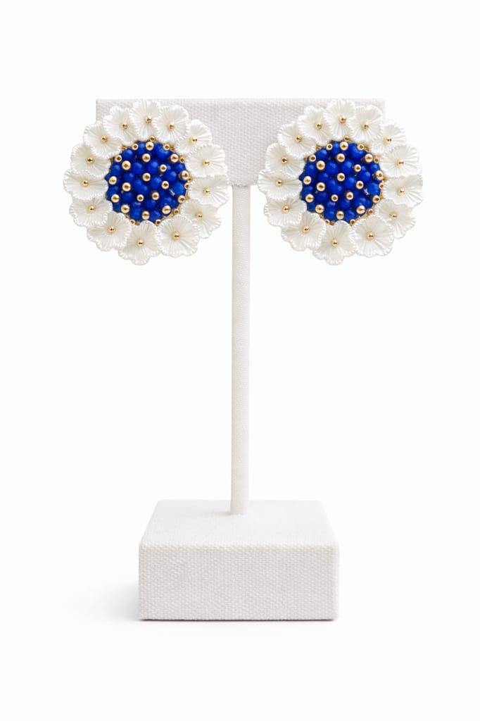 Royal Blue & White Beaded Floral Stud Earrings view 2