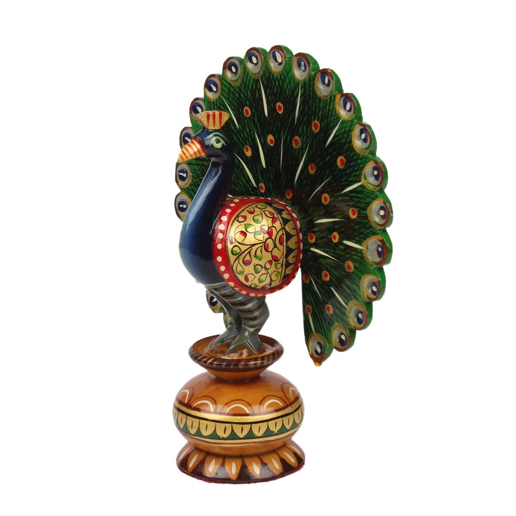 Tribes India Hand Painted Multi Color Wooden Peacock On Pot view 2