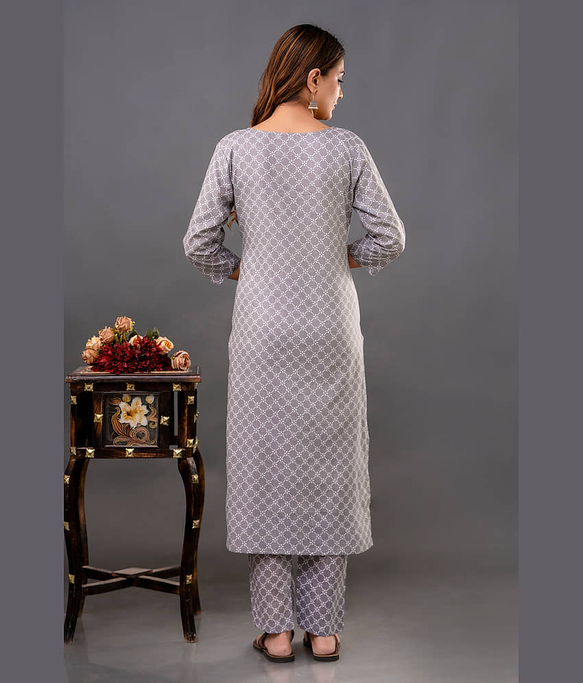 Shivaradhya designers Cotton Printed Kurti With Pants Women's Stitched Salwar Suit - Grey ( Pack of 1 ) view 2