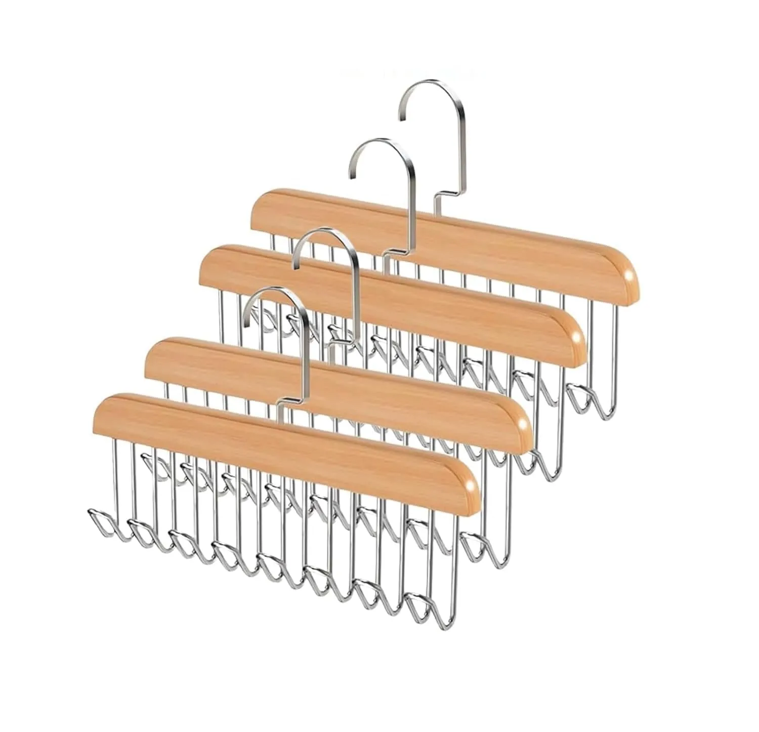 Multipurpose 8 Hook Non-Slip Hanger for Lingerie, Bra, Belt, Tie & Scarf Organizer | Adjustable Rotating Closet Storage Hanger | Space Saving Wardrobe Organizer (Wooden/Metal) (Pack of 4)