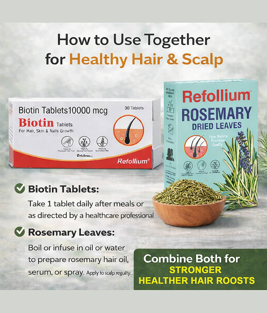 Refollium Biotin 30 Tabs with Rosemary Leaves 100g Combo | Hair Growth & Hair Fall Control | For Hair Oil, Serum & Rosemary Water view 2
