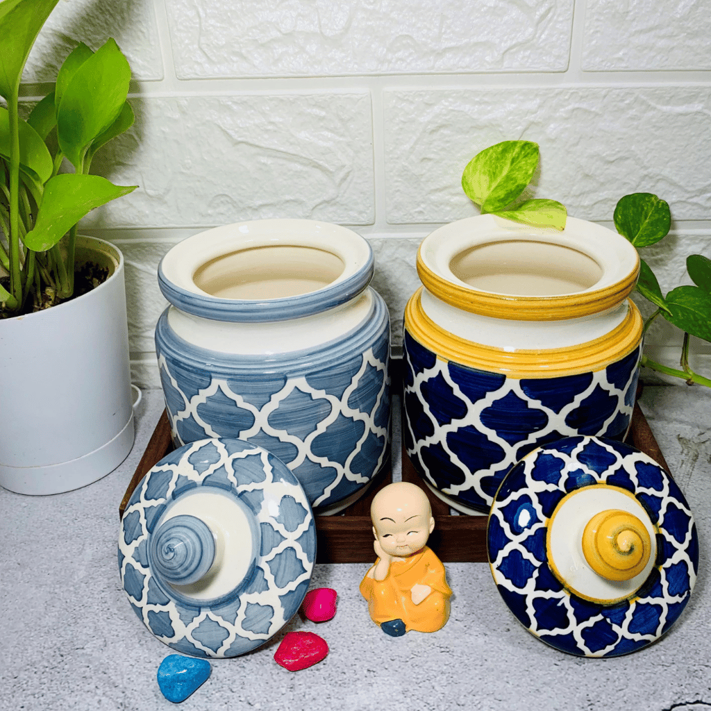Homefrills Multi-Utility Storage Ceramic Jars & Containers with Lid/Achar Barni for Storage of Achar/Snacks /Pickle/cookies etc. (2 jars with Lid )Colour-Grey & Mustard Blue Capacity-500 ml/500 Gram each (approx) view 2