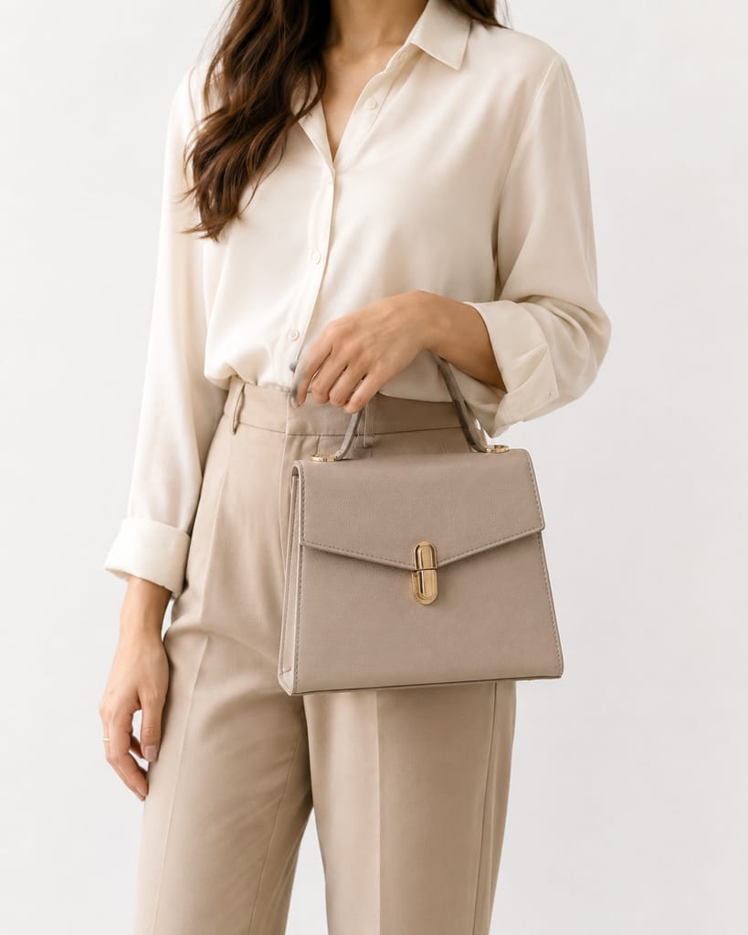 Structured Beige Faux Leather Top-Handle Handbag with Gold-Toned Hardware view 2