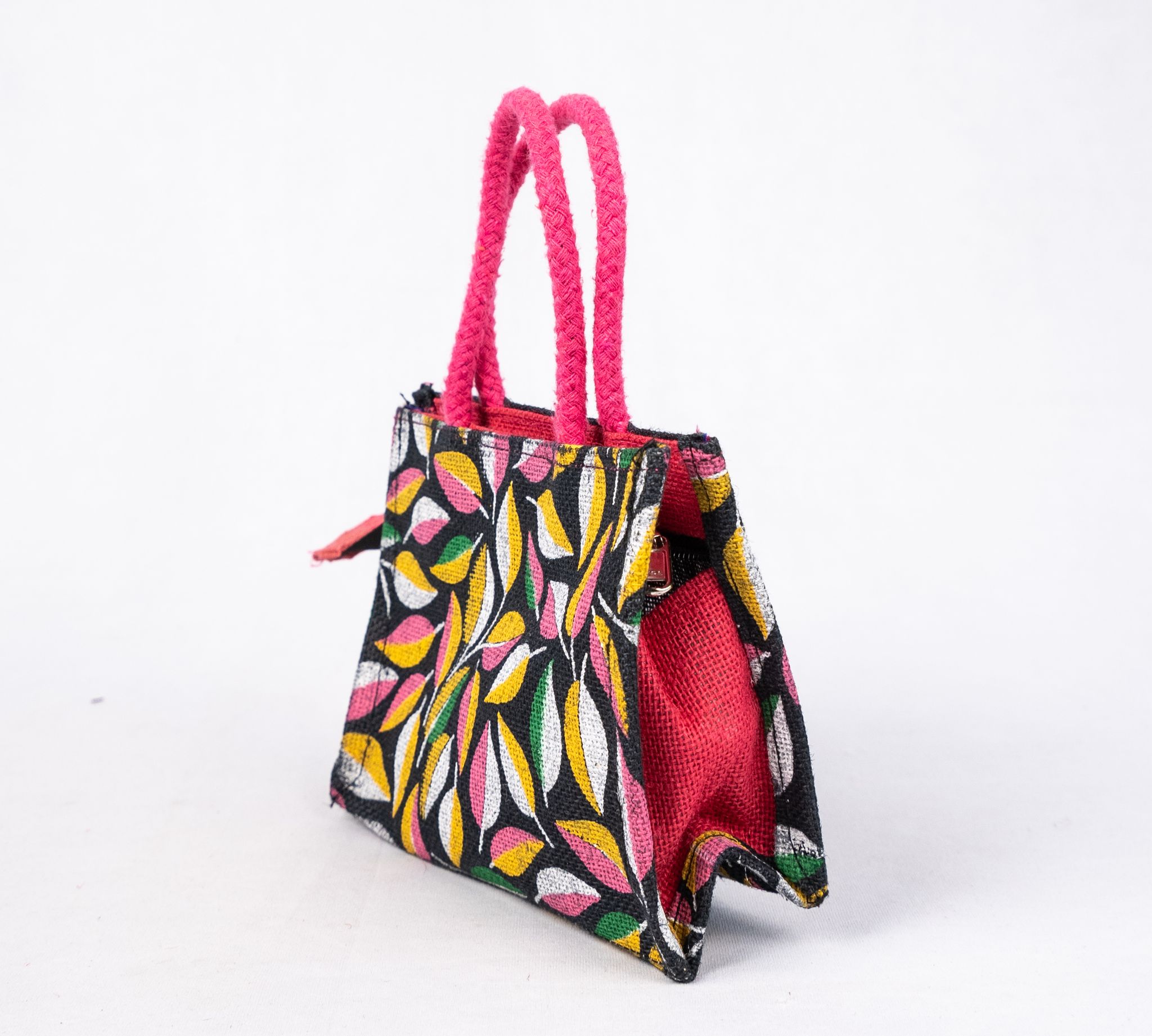Colorful Leaf Pattern Jute Tote Bag with Pink Handles view 2