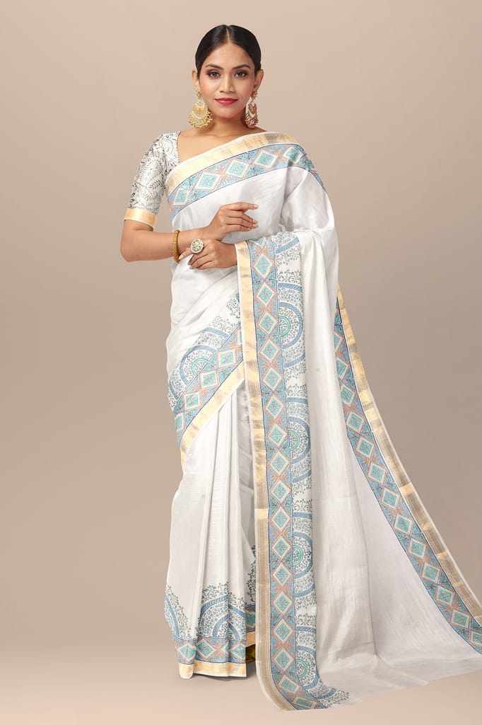White Floral Motif Hand Woven Hand Block Sausar Silk With Golden Zari Border Saree SKU-AS10026 view 2