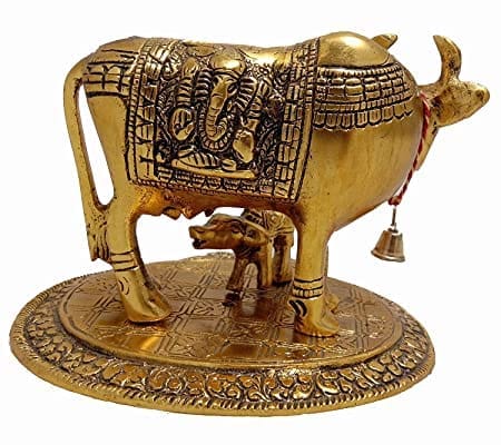 Patwari Arts Metal Golden Color Kamdhenu Cow and Calf for Home Temple, Office Temple, Home Decoration Showpiece. view 2