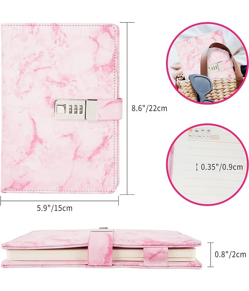 GEEO Marble Diary Journal with Locks for Girls and Women Secret Diaries Journal with Code Lock A5 Marble Notebooks with Combination Lock PU Leather Cover Diary Notebook (Pink) view 2
