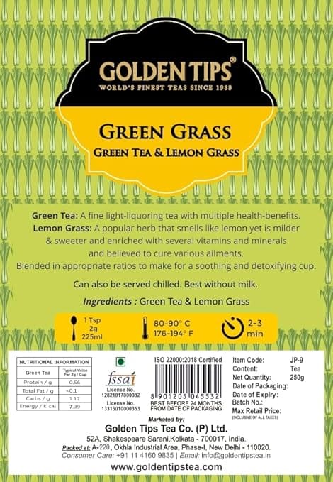 Golden Tips Loose Leaf Lemongrass & Green Tea, Detox & Soothing Herbal Tea, Antioxidant-Rich, Digestion & Immunity Boost, Aromatic, Light & Refreshing (250 Gram, 120 cups) view 2