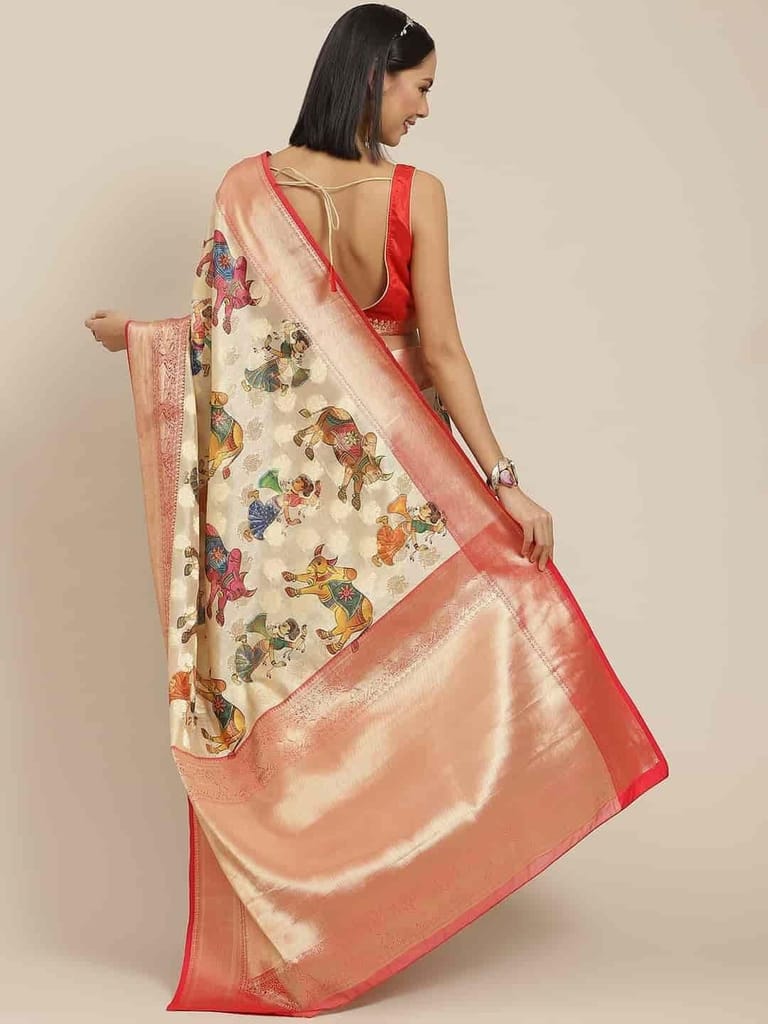 Women's Digital Printed Woven Silk Saree with unstiched blouse piece view 2