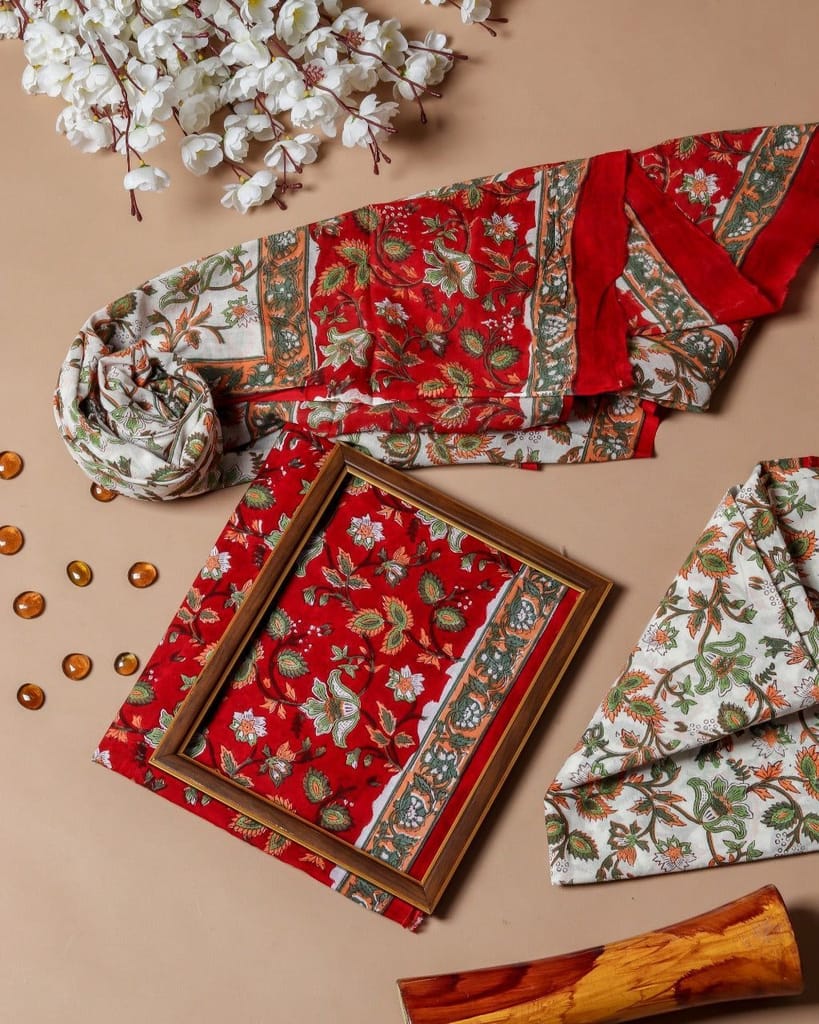 Designer Hand Block Floral Jaal Print Pure Cotton Suits with Mulmul Dupatta (PRMUL113)