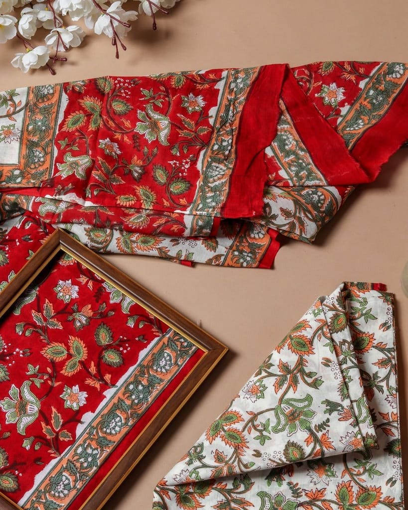 Designer Hand Block Floral Jaal Print Pure Cotton Suits with Mulmul Dupatta (PRMUL113) view 2