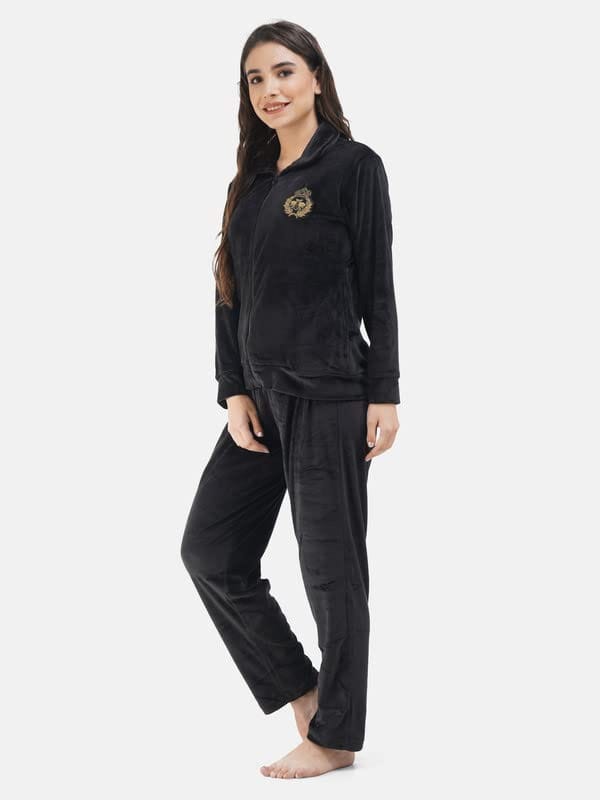 KOI SLEEPWEAR Soft Velvette Long Night Suit Black (Relaxed, X-Large, Black) view 2