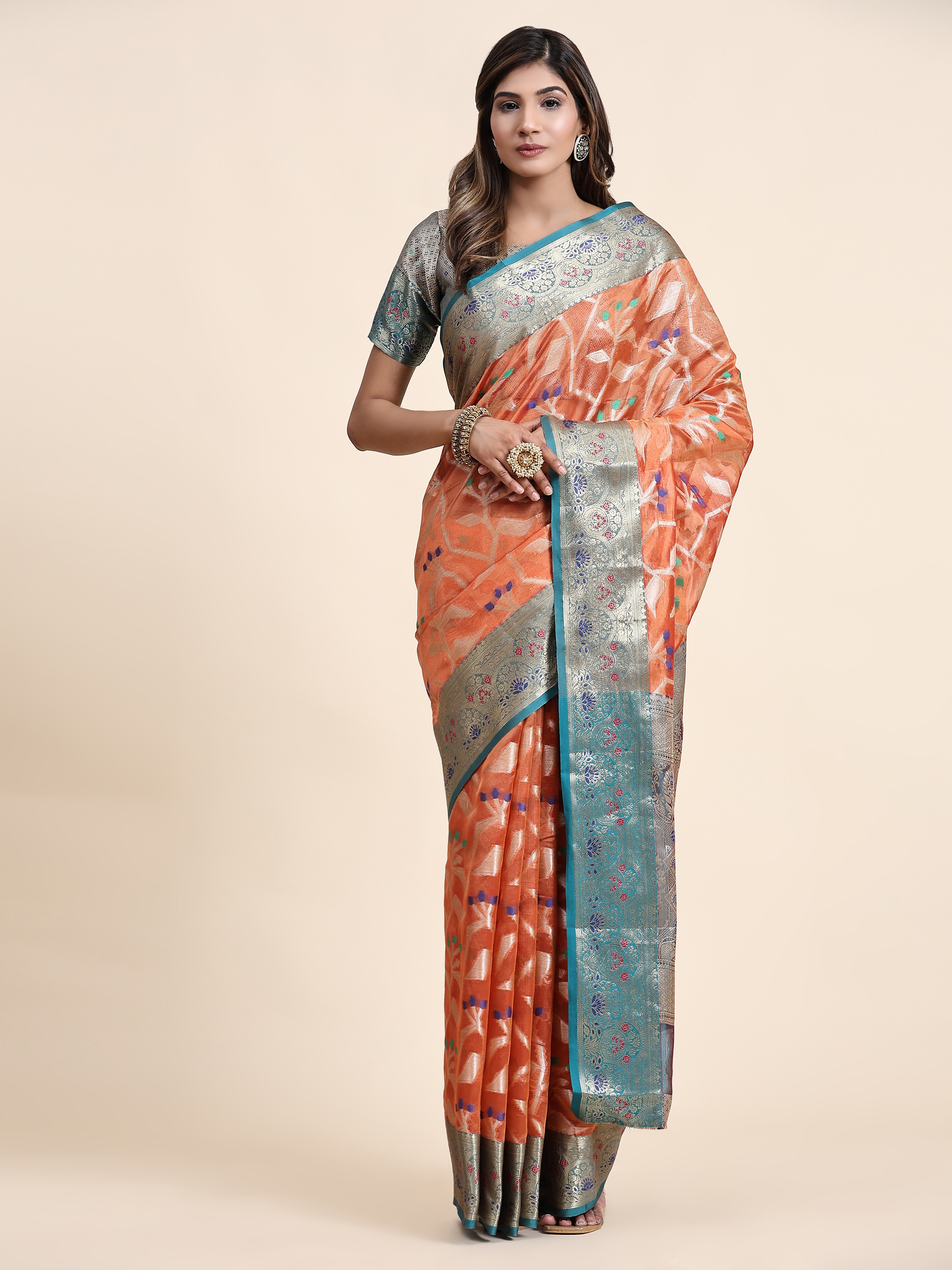 Yavira silk Women's Orange Printed Jacquard Saree view 2