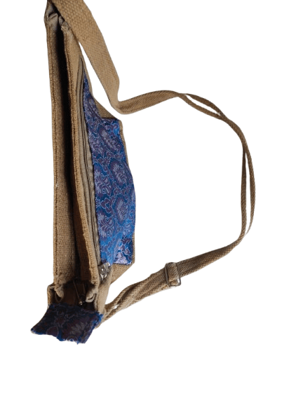Handcrafted Jute Sling Bag with Blue Paisley Print view 2