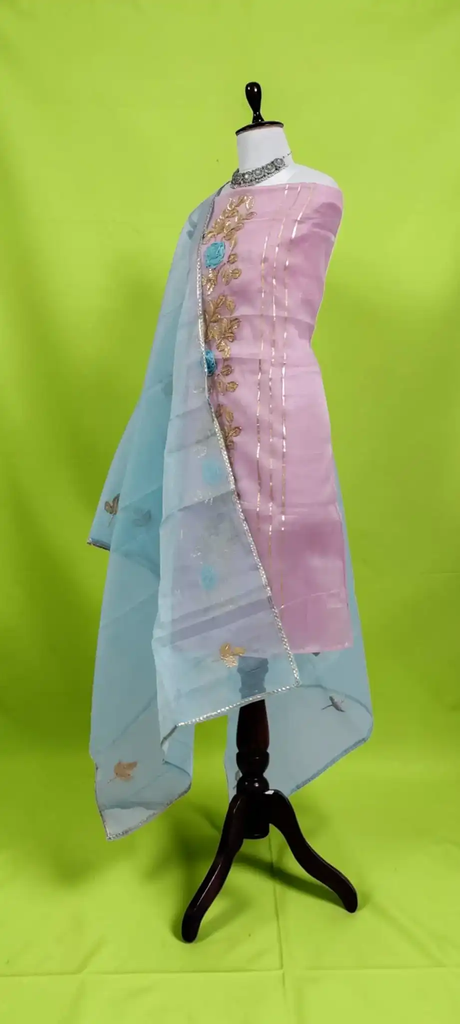 Handwoven Kota Doria Cotton-Silk Dress Material with Zari Border, Aqua view 2