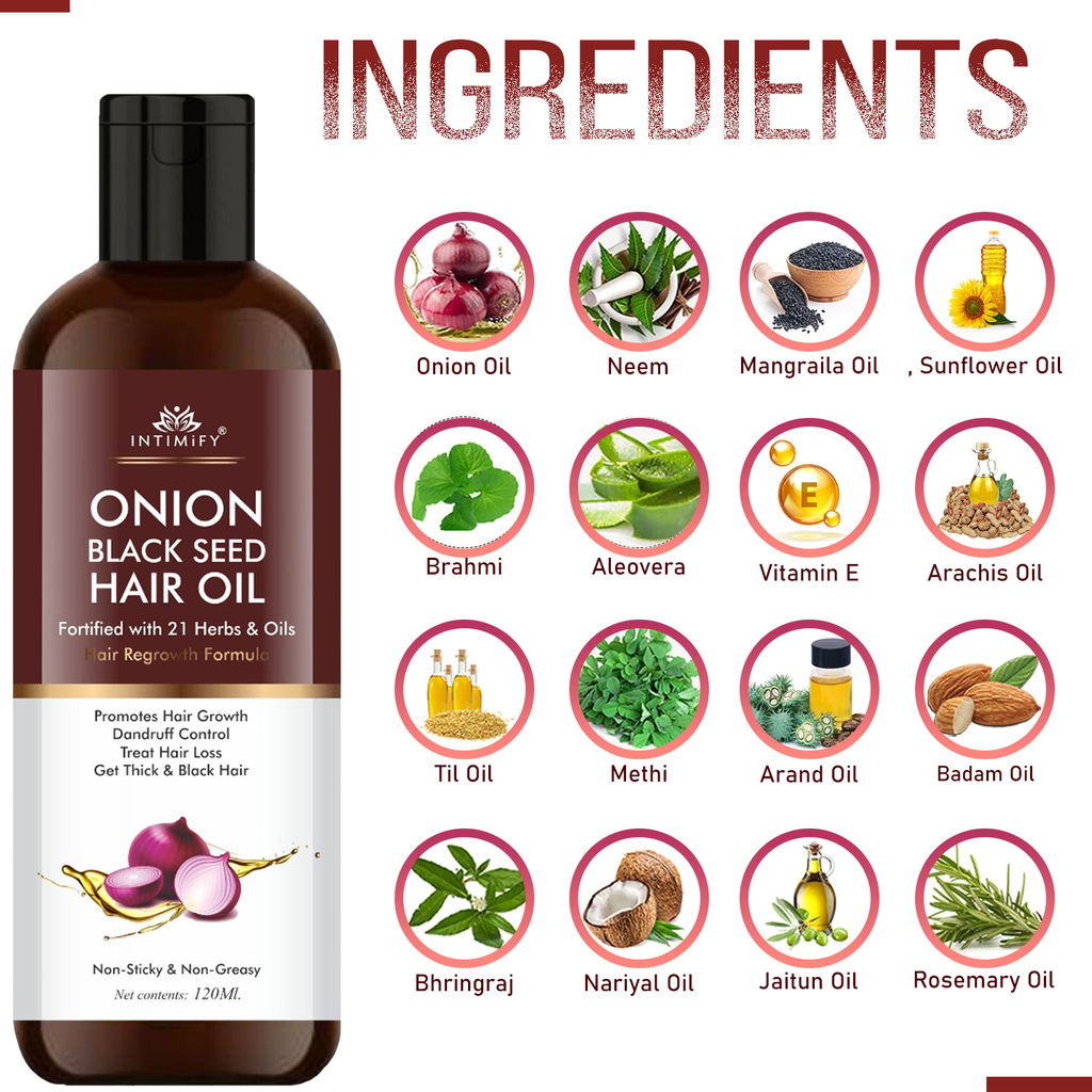 Intimify onion oil, anti dandruff oil, herbal oil, hair fall oil, red onion oil, ayurvedic oil, onion hair oil, hair growth onion oil, hair growth oil view 2