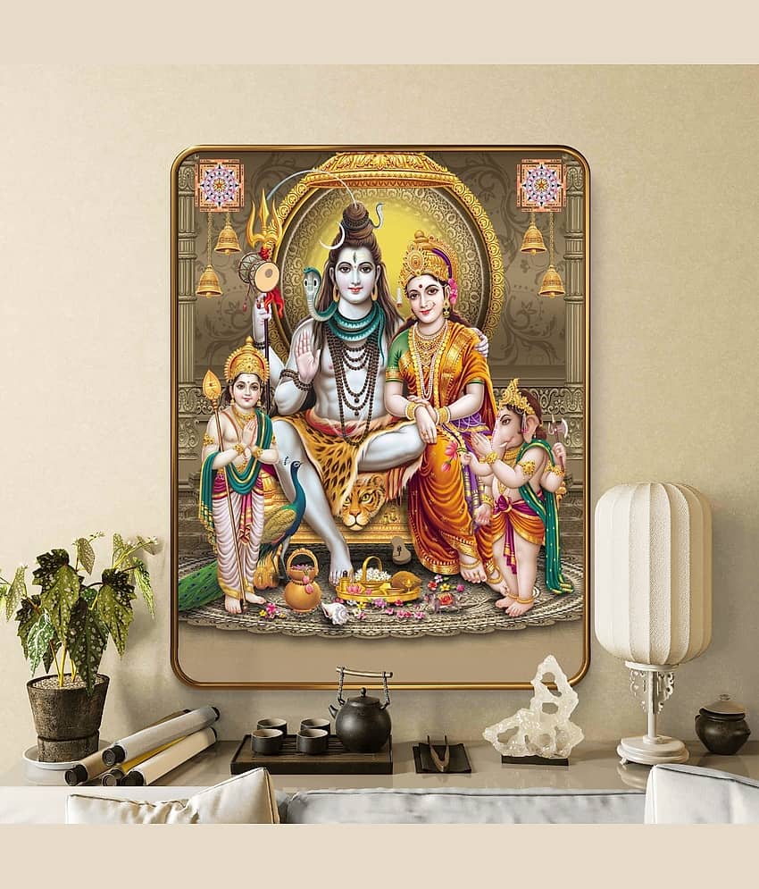 SAF Shiv Parivar Wall Painting | Lord Shiva Parvati Ganesh Kartikeya Family Art | Golden Frame Sparkle Laminated MDF Poster for Home Temple Pooja Room | Hindu God Decorative Wall Frame view 2