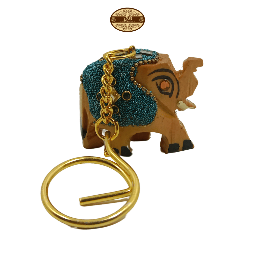 Handcrafted Wooden Elephant Key Chain, Decorative, Bajni Design, Blue, 6.5 cm x 6 cm x 4.5 cm view 2