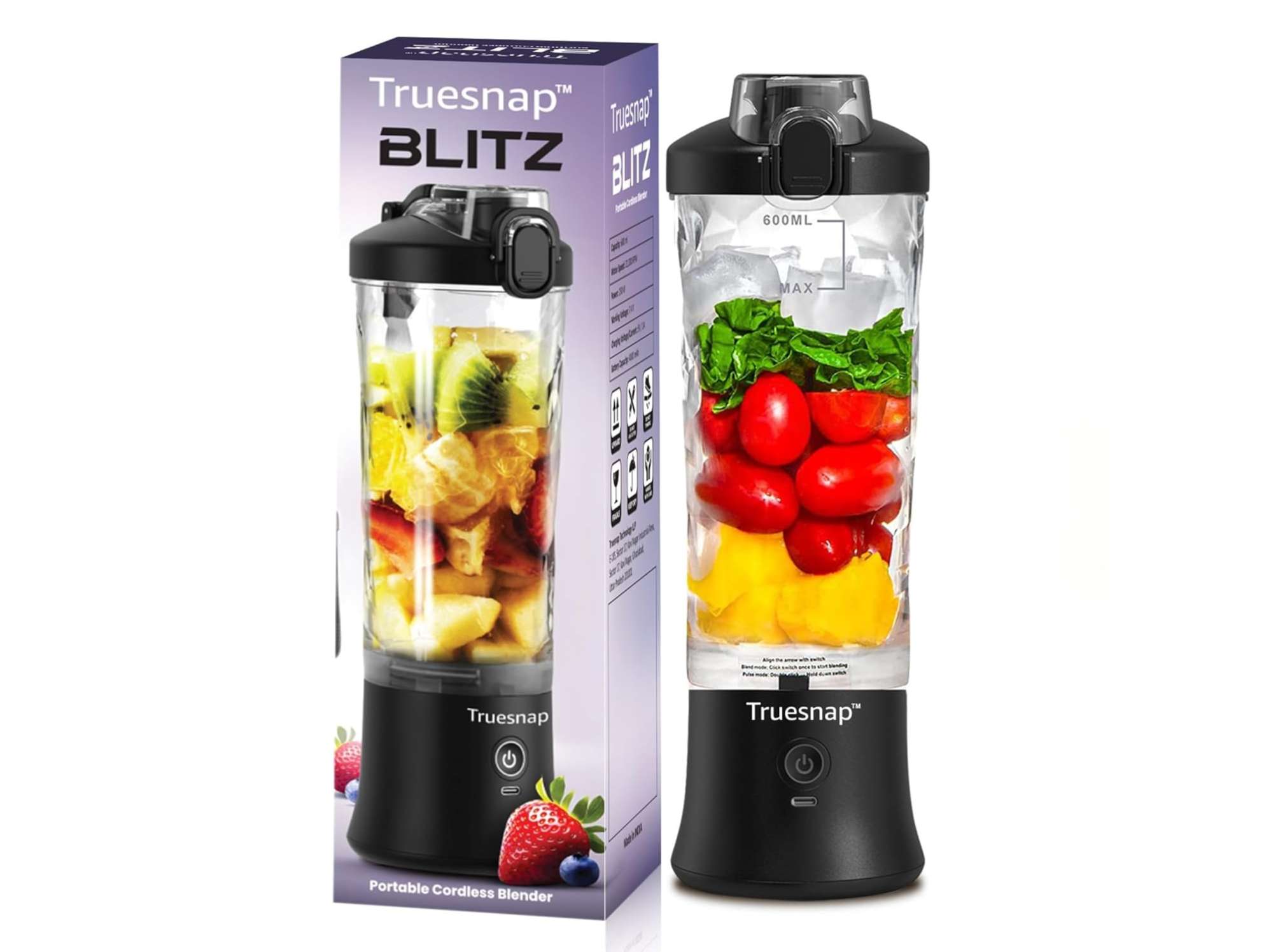 Truesnap Blitz Portable Blender 600ml, USB-C Rechargeable, 4000mAh, 230W Motor, for Smoothies, Shakes & Juices - Black