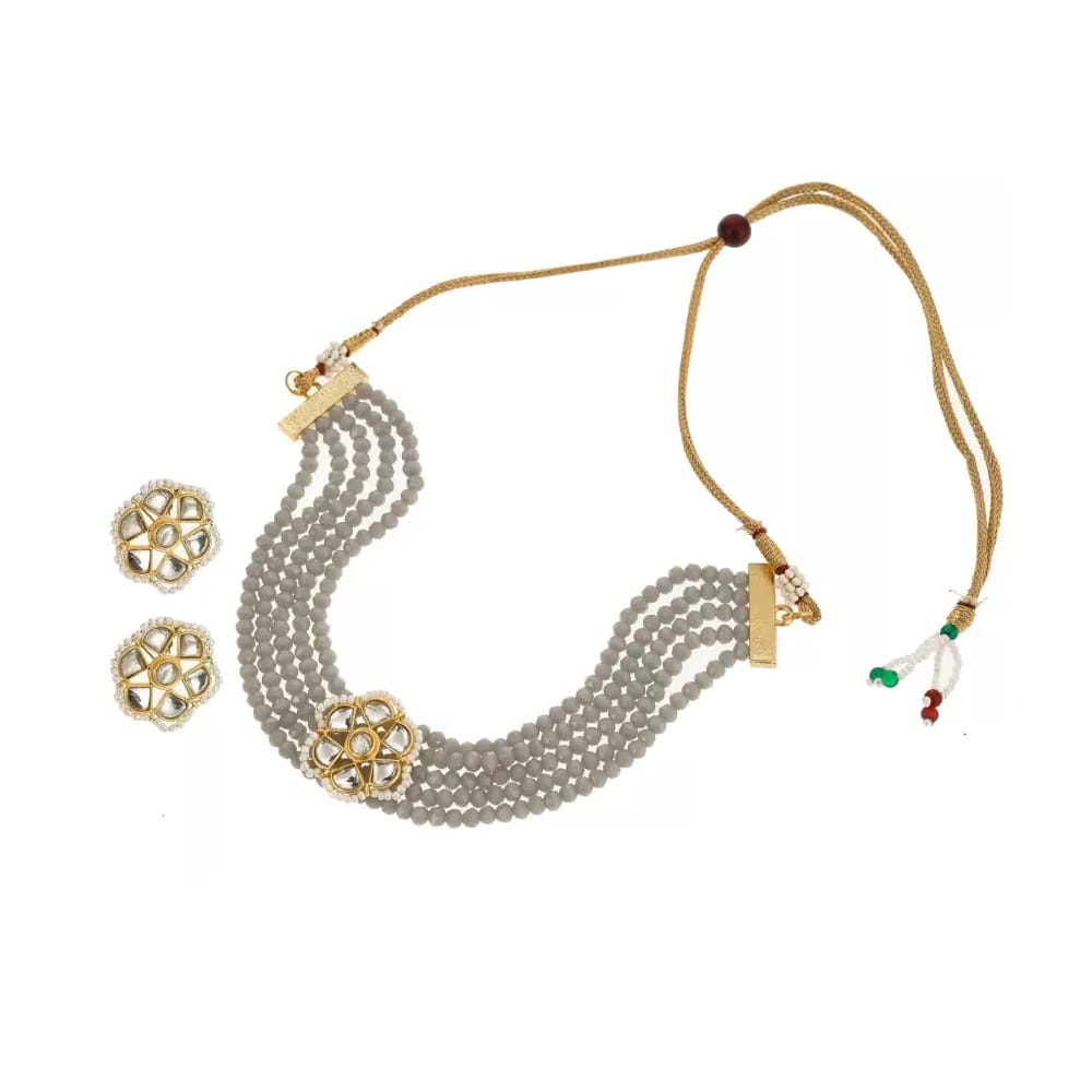MANBHAR GEMS - Crystal Stone Beads 5 Layer Choker Necklace With Studed Fancy Designer Earring Jaipuri Choker Necklace Set for Women Royal Blue Colour view 2