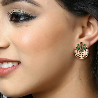 Vivastri Traditional Alloy Pearl Gold Plated Stud Earrings for Women & Girls [VIVA2569ERG-GREEN] view 2