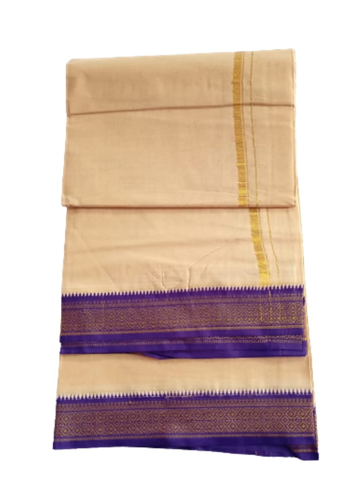 JINKA LAKSHMI COLLECTIONS 100% Pure Cotton Biege Color Dhoti With Zari 4 Meters Unstitched Pack of 1 (Purple Border) view 2