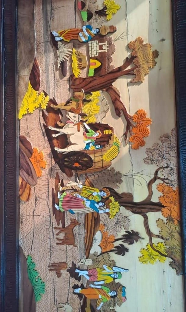Wooden Wall Art Panel with Intricate Village Scene Design view 2