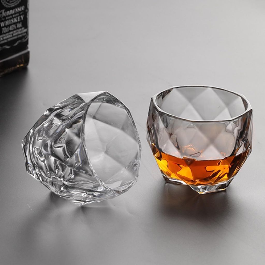 Diamond Whiskey Glass, 340 Ml, Set of 2, Modern Ideal Glasses for Brandy, Wine, Rocks, Scotch, Bourbon, Liqueur, Cocktail and Cognac-Old Fshioned Glass Ideal for Home, Occations, Bar, Party, view 2