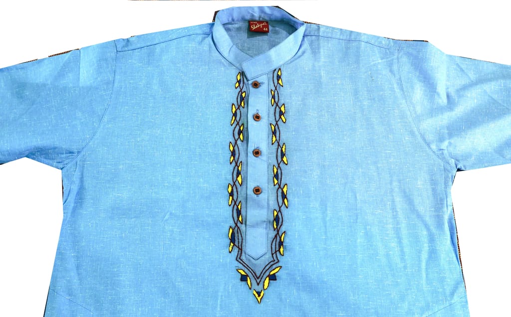 Sky Blue Cotton Kurta with Embroidered view 2