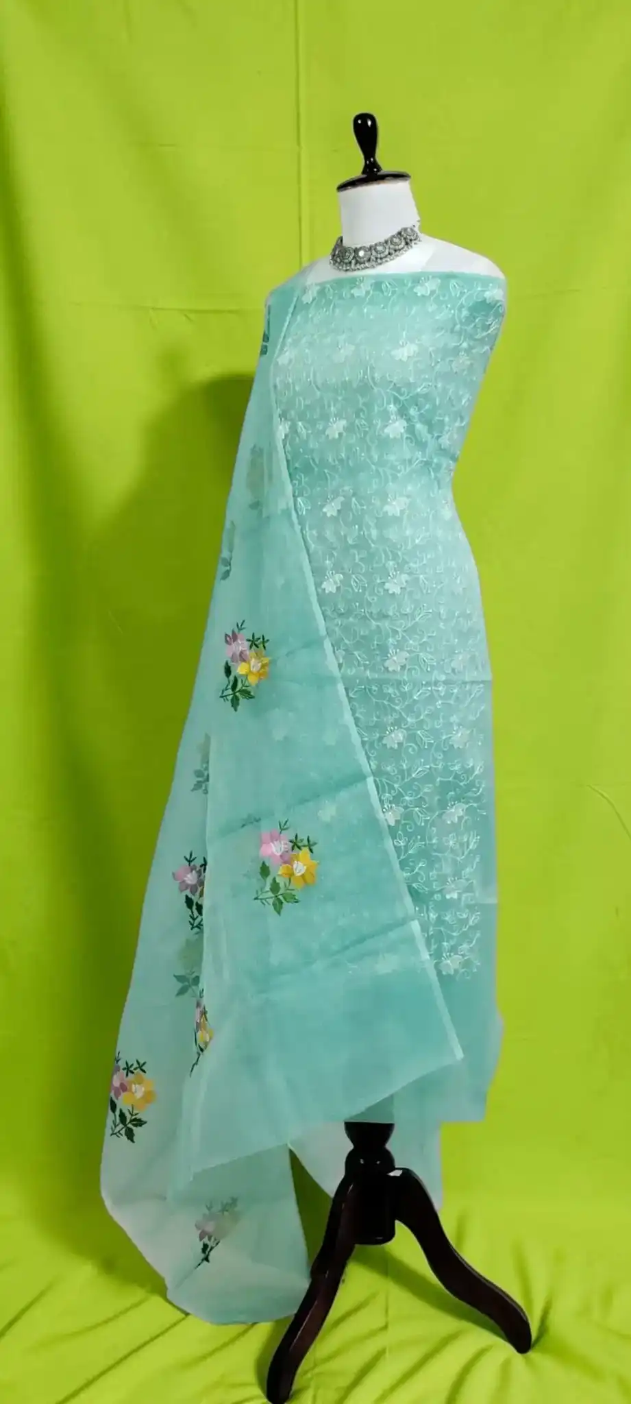 Handwoven Kota Doria Dress Material, Teal Green with Floral Gota Patti view 2