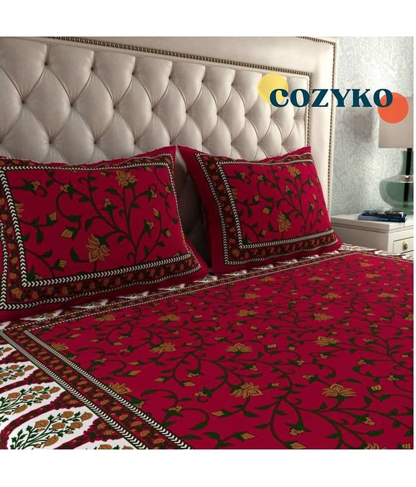 COZYKO Cotton 1 Double Bedsheet with 2 Pillow Covers ( Red ) view 2