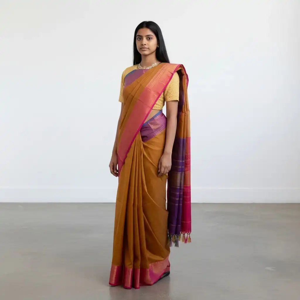 Handwoven Kanchipuram Cotton Saree in Mustard with Contrast Zari Borders view 2