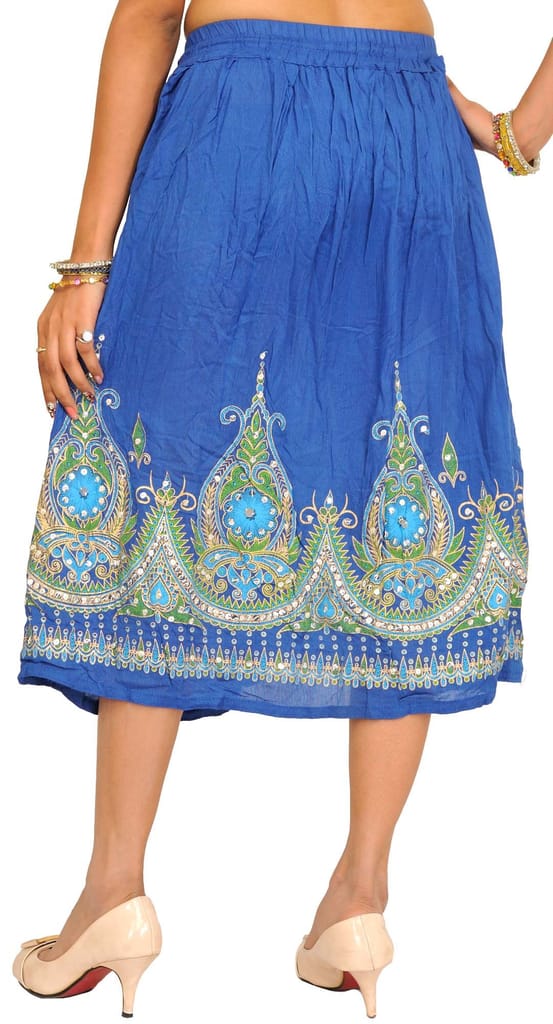 Dark Blue Midi-Skirt with Printed Flowers Embellished with Sequins view 2