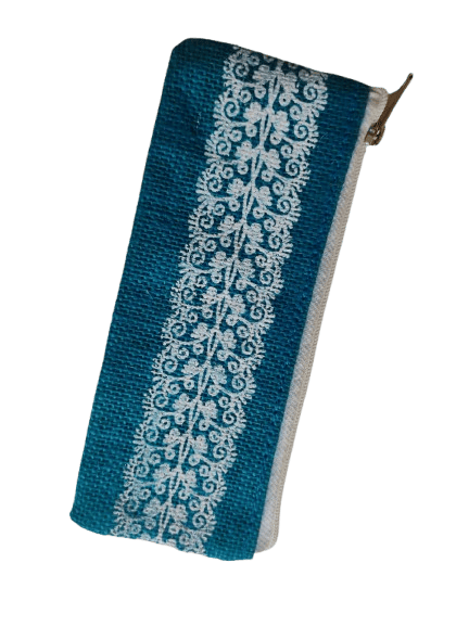 Handcrafted Blue Jute Pencil Pouch with White Floral Embroidery and Zipper Closure view 2