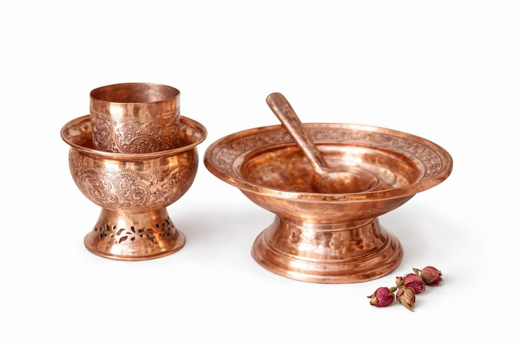 Handcrafted Engraved Copper Pooja Prasad Serving Set with Bowl, Cup & Spoon view 2