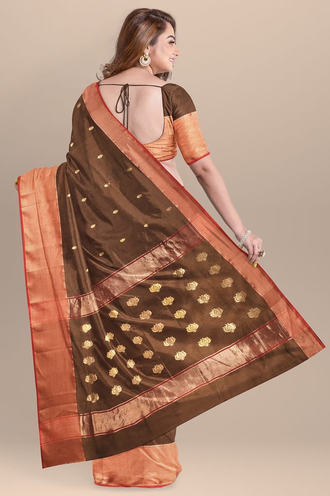 Peanut Brown Handwoven Traditional Buti Sausar Silk with Zari Border Saree SKU- BS10116 view 2