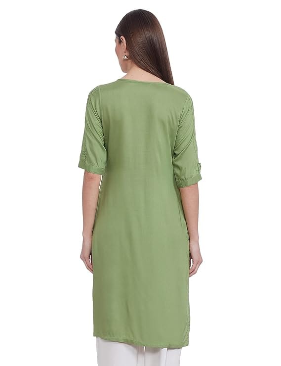 Green Rayon Embroidered A-Line Kurta with Round Neck and 3/4th Sleeves view 2