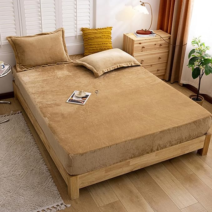 Brevard International Double Bed Flat Bedsheet | 190 GSM Flannel Super Soft Warm | With 2 Pillow Covers for Winters - 90x100 Inches, Camel view 2