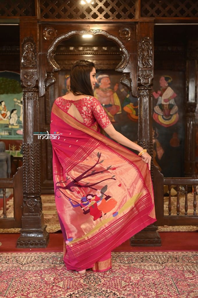 Authentic Handloom Pure Cotton Paithani With Traditional Radha Krishna Pallu~ Red Delight view 2