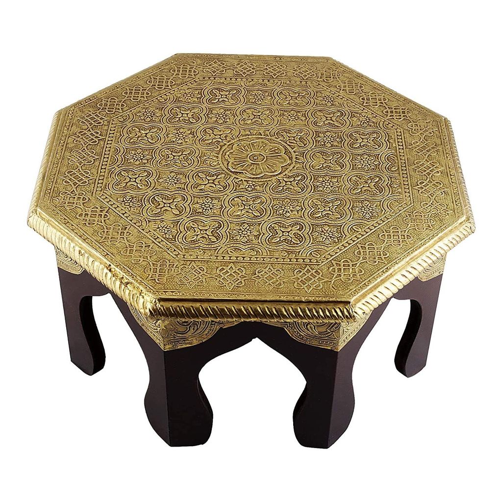 Creative Handicrafts Octagonal Shape Wood Chowki | Brass Work Pooja Bajot Stool | Home Decor Sitting Table (Goldcolor_12,14,16 Inches) view 2