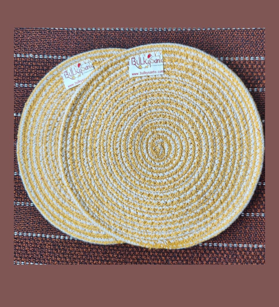 Round table mats cotton placemats (pack of 2) | Hotpads / trivets 9", Heat Resistant, Reversible Use (Yellow) by Bulky Santa view 2