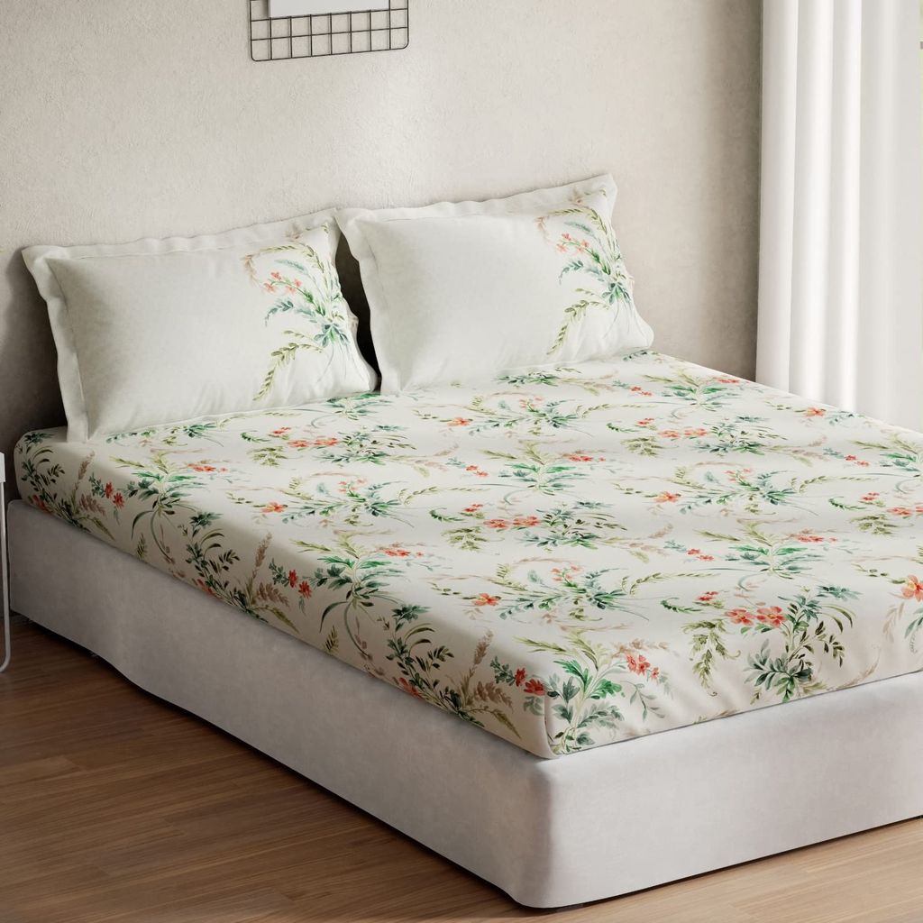 DDECOR - Optima Collection 100% Cotton Floral Pattern 136TC Queen Bedsheet |224 CM X 254 CM| Green view 2