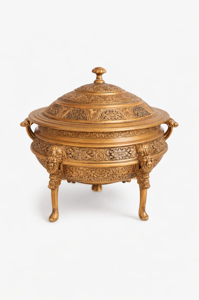 Royal Handcrafted Brass Charcoal Food Warmer with Ornate Lid & Decorative Stand