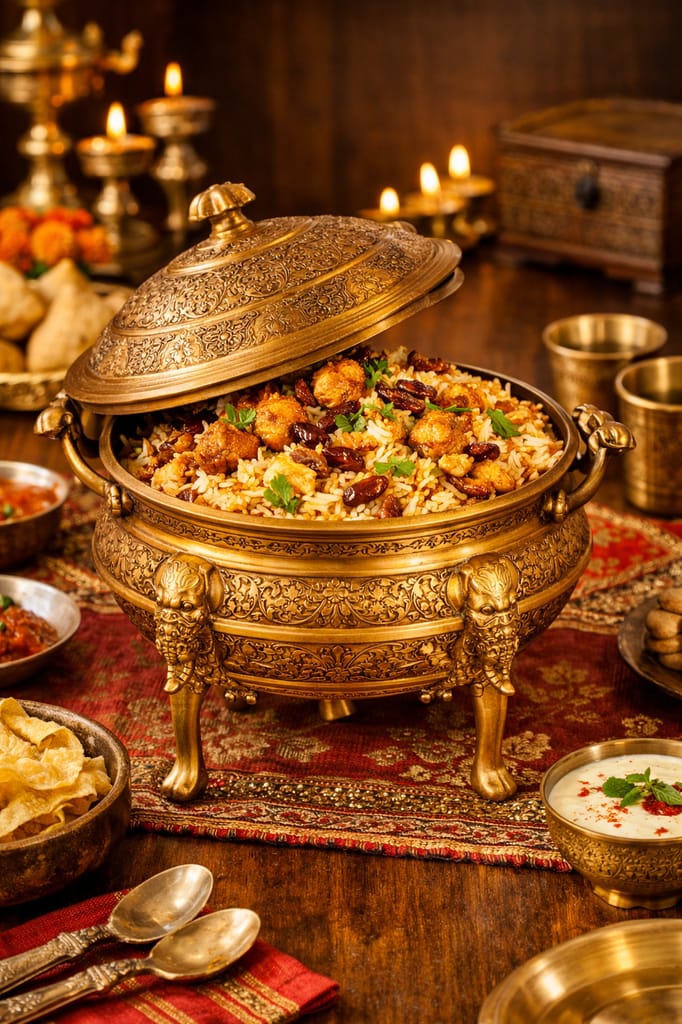 Royal Handcrafted Brass Charcoal Food Warmer with Ornate Lid & Decorative Stand view 2