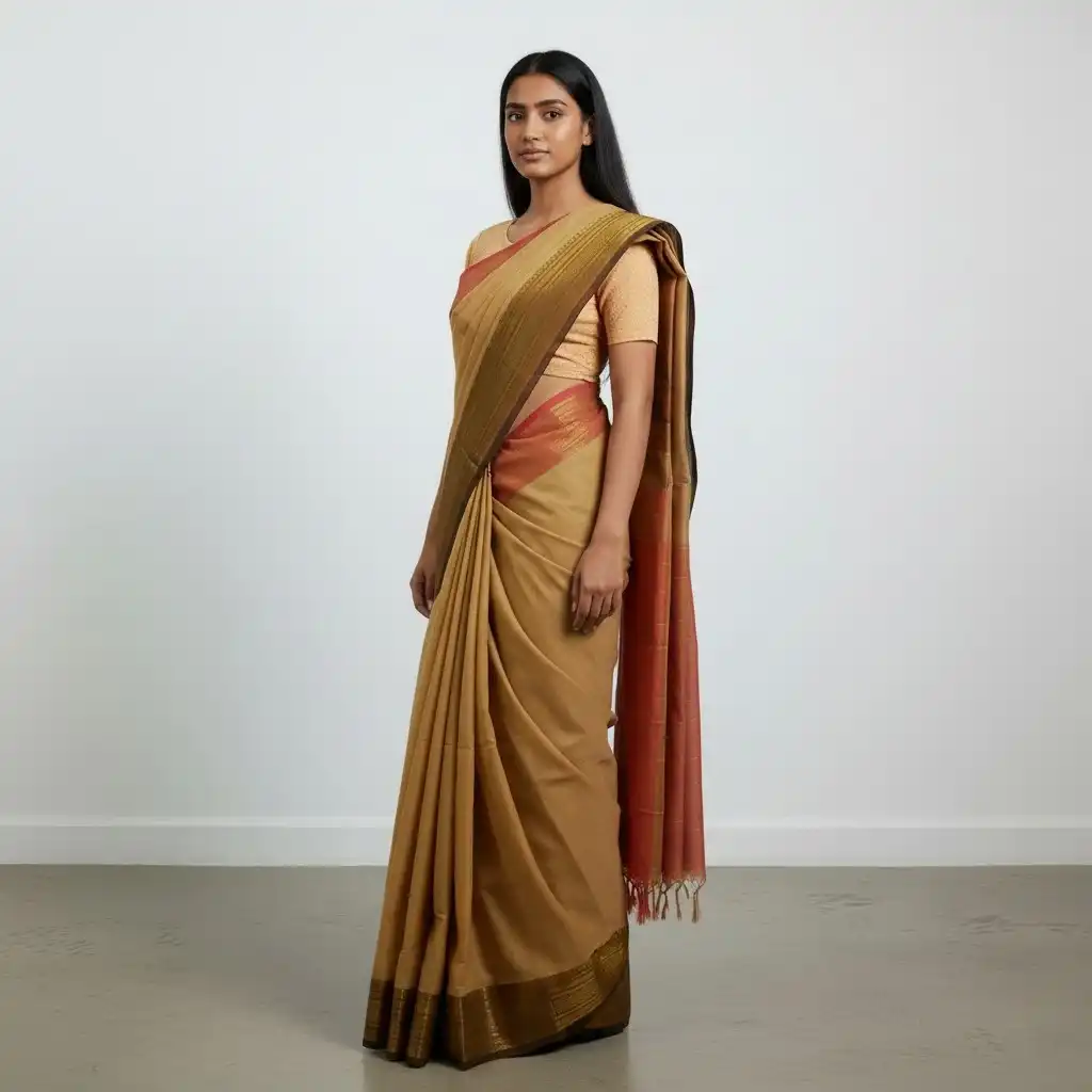 Handwoven Kanchipuram Cotton Saree in Biscuit with Zari Border view 2