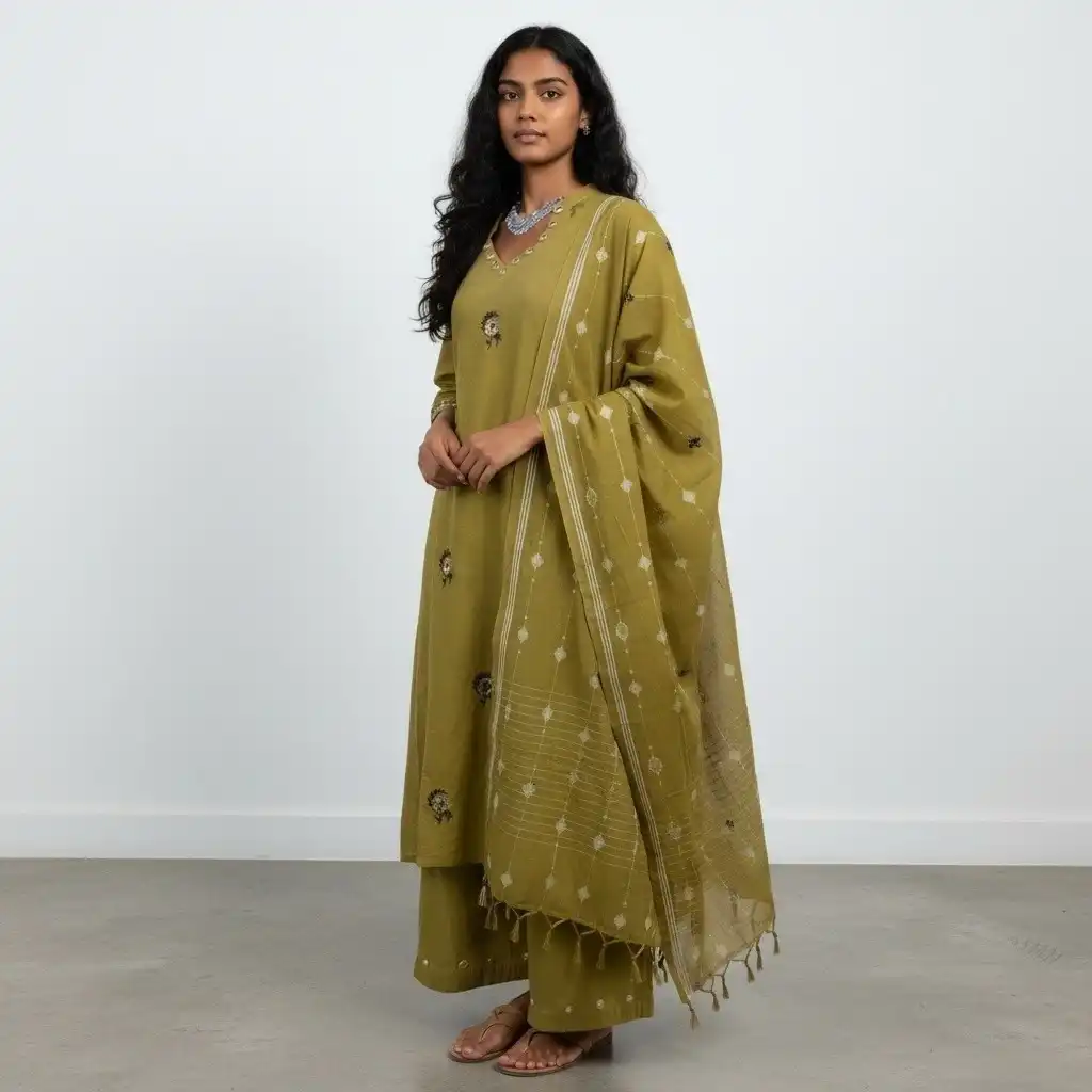 Olive Green Handloom Cotton Co-Ord Set with Mirror Work, 3-Piece view 2